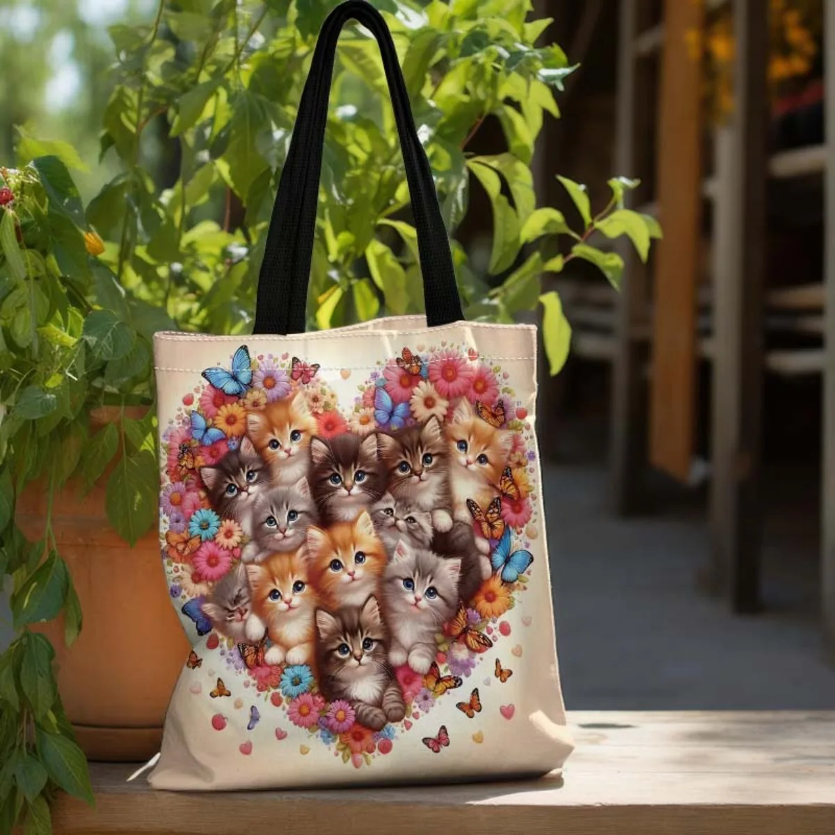 1pc Bag with Cat, Butterfly and Flower Patterns Double-sided Printed Tote Bag Large Capacity Backpack  Foldable Shopping Bag