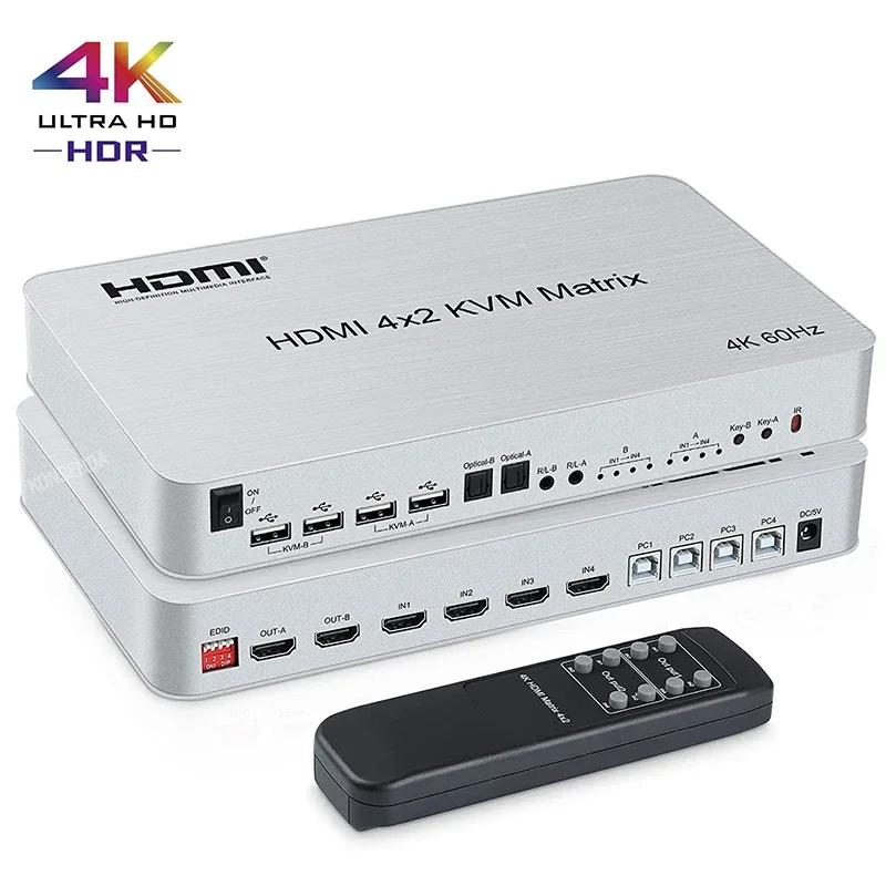 

4 Port USB HDMI KVM Matrix 4x2 Dual Monitor 4K 60Hz HDMI Matrix Switch Splitter Audio Video Converter Support USB Keyboard Mouse