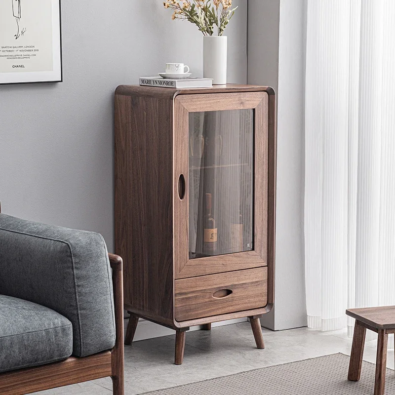 

North America Black Walnut Floor Single Door Home Living Room Solid Wood Tea Cabinet