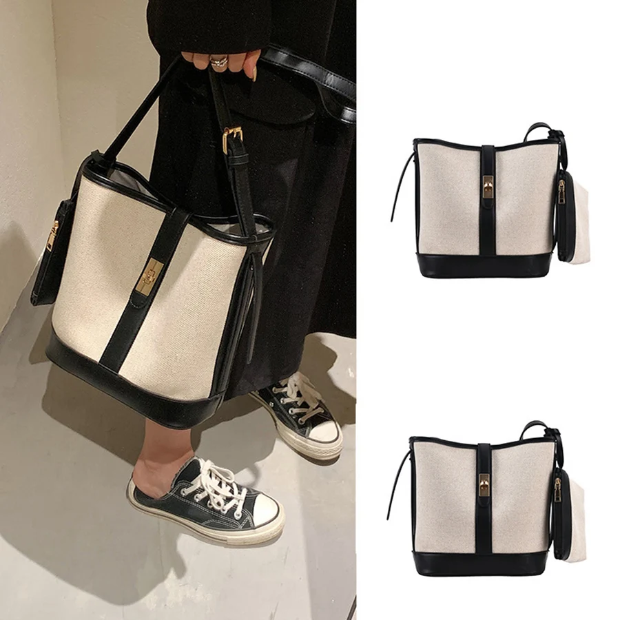 

Fashion splicing summer large capacity bucket bag canvas single shoulder crossbody bag commuter female purse and handbags totes