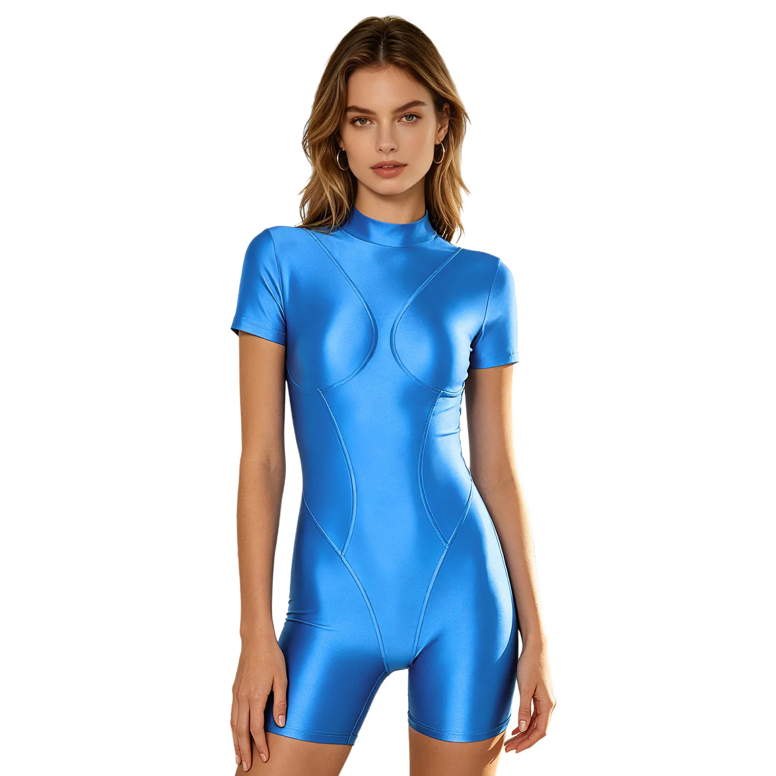 Women's Swimwear Oily Glossy Swimsuit Mock Neck Short Sleeve Backless Slim Fit One-piece Surfing Suit Bathing Suit Diving Suit