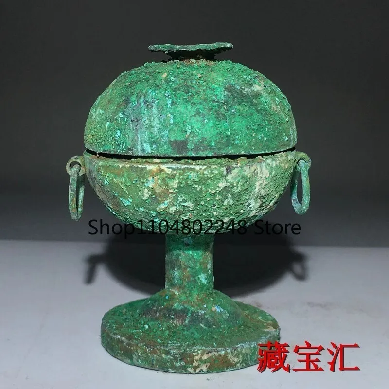 Be unearthed Old bronze ware, double eared high footed pot with green rust