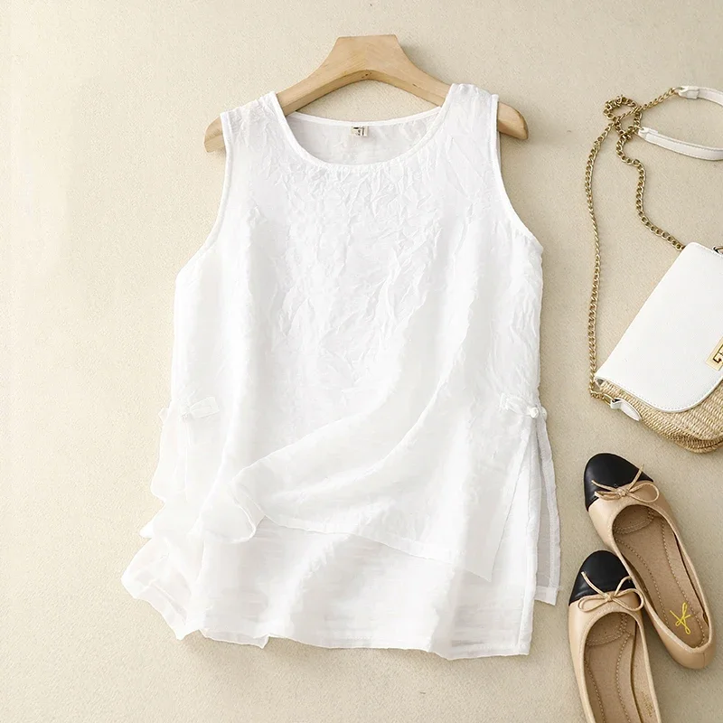 صيف جديد طبقة مزدوجة القطن الكتان Y2k المحاصيل الأعلى المرأة تنفس سترة بلا أكمام فضفاضة رقيقة بسيطة تانك القمم