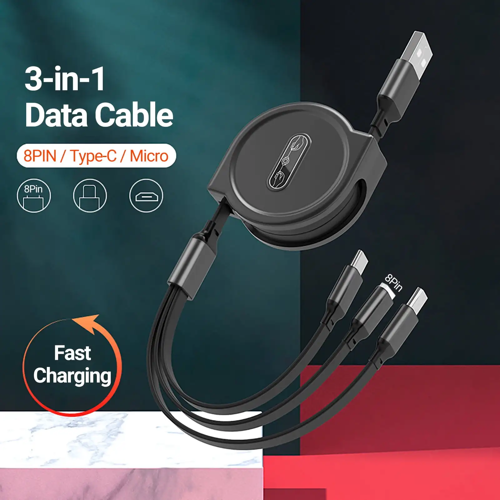 Extendable Multi-function 3-in-1 1Meter Fast Charging Cable,8Pin/Micro USB/Type-C Mobile Phone Charge and Data Cable