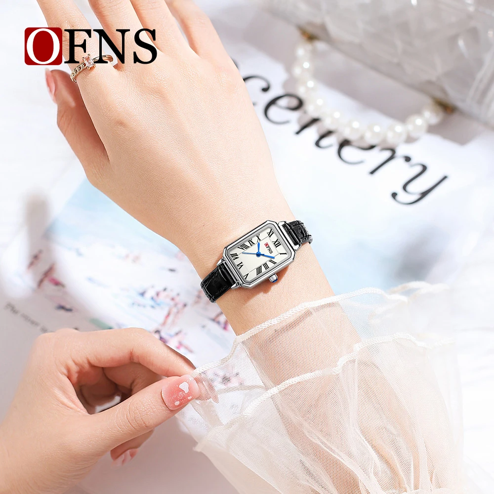 OFNS جديد 1552 ساعة كوارتز نسائية فاخرة مربعة بمقياس روماني مقاومة للماء ساعة كوارتز نسائية عصرية 2026