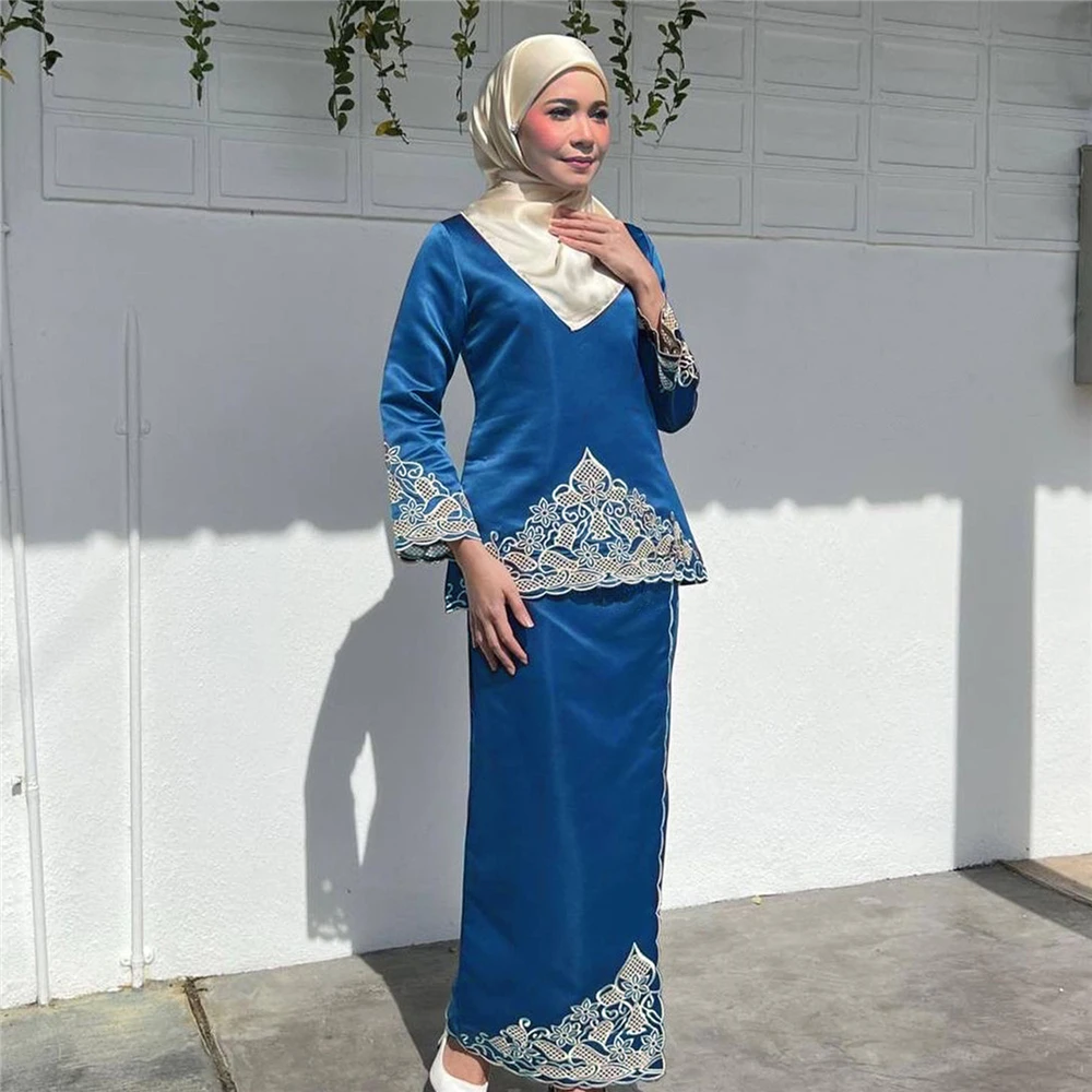 Turkey Ramadan Muslim Set Women Fashion Satin Long Sleeve Tops Skirts Blouse Embroidery Baju Kurung Vintage Casual Elegant Suit