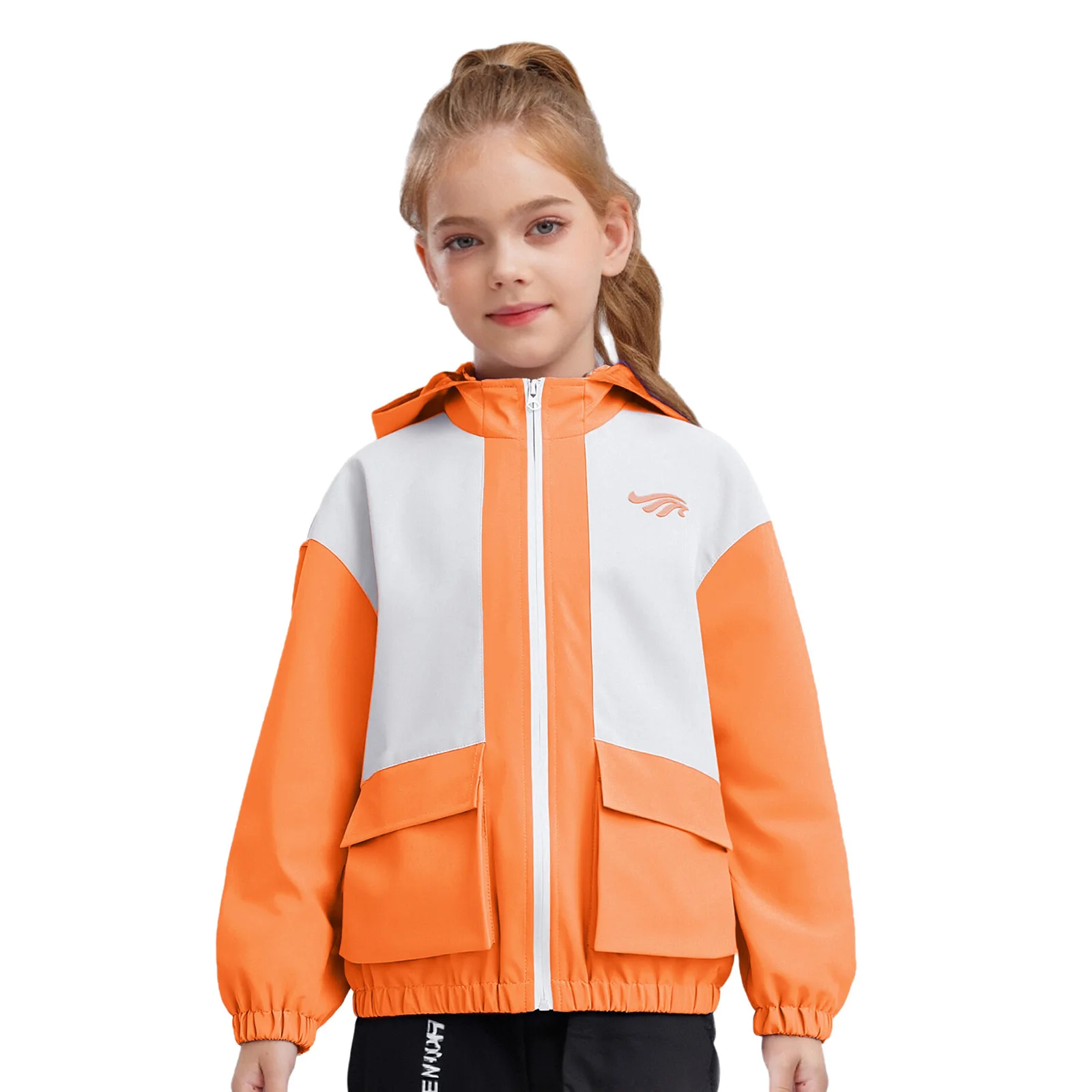 

Kids Girls Water Resistant Hooded Jacket Coat Stand Collar Long Sleeve Zipper Color Block Outerwear for Camping Hiking Climbing