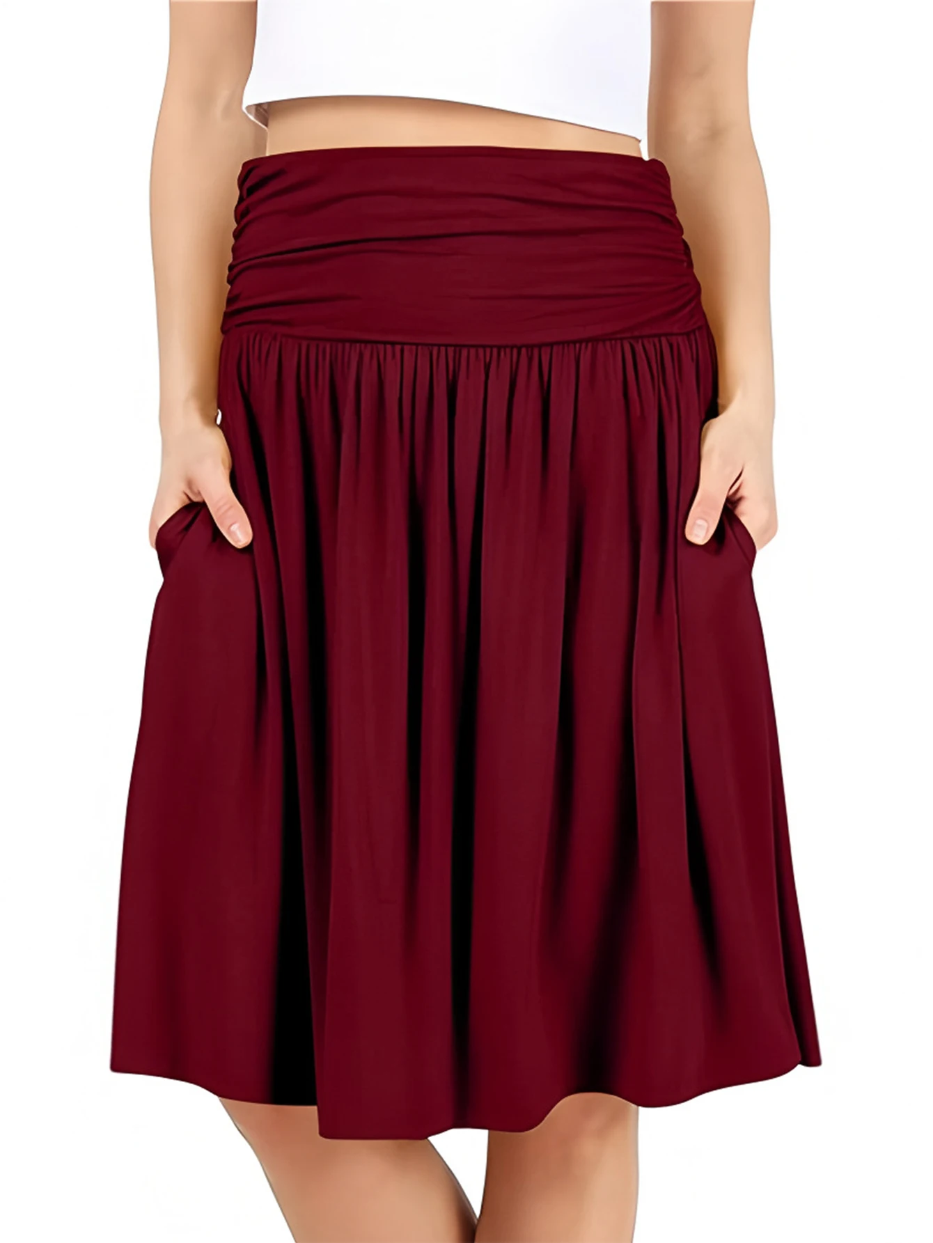 กระโปรงทรงเอเอวสูงสำหรับผู้หญิง มีกระเป๋า ดีไซน์เรียบง่าย ความยาวระดับเข่า เหมาะสำหรับใส่ในชีวิตประจำวัน แฟชั่นฤดูร้อนและฤดูใบไม้ร่วง