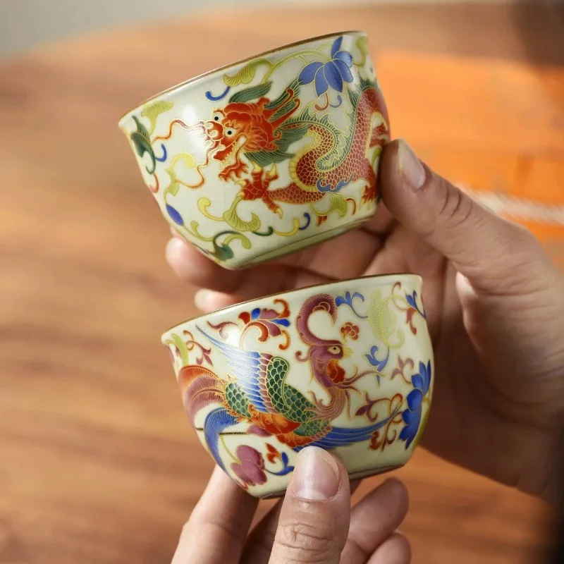 High Grade Chinese Ru Kiln Sky Blue Enamel Dragon Phoenix Teacup Kung Fu Master Guest Cup Exquisite Gift Box Packed Tea Souvenir