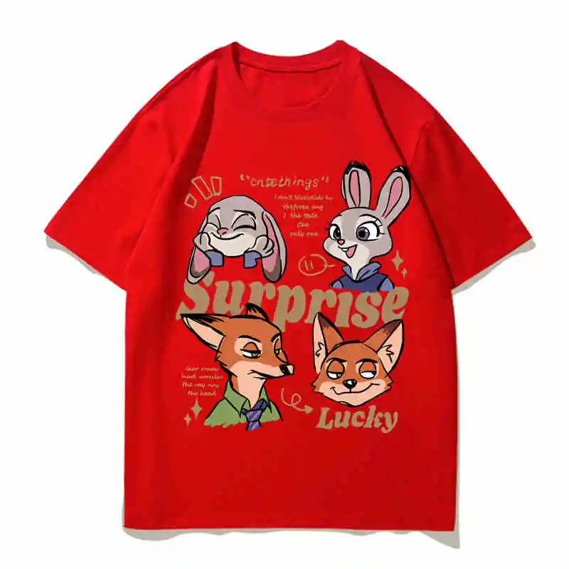 T-Shirts Judy Nick Fox Couple Outfit Adult Cotton Loose Comfortable Men And Women Clothes Tops Crazy Zootopia Periphery 2024 New