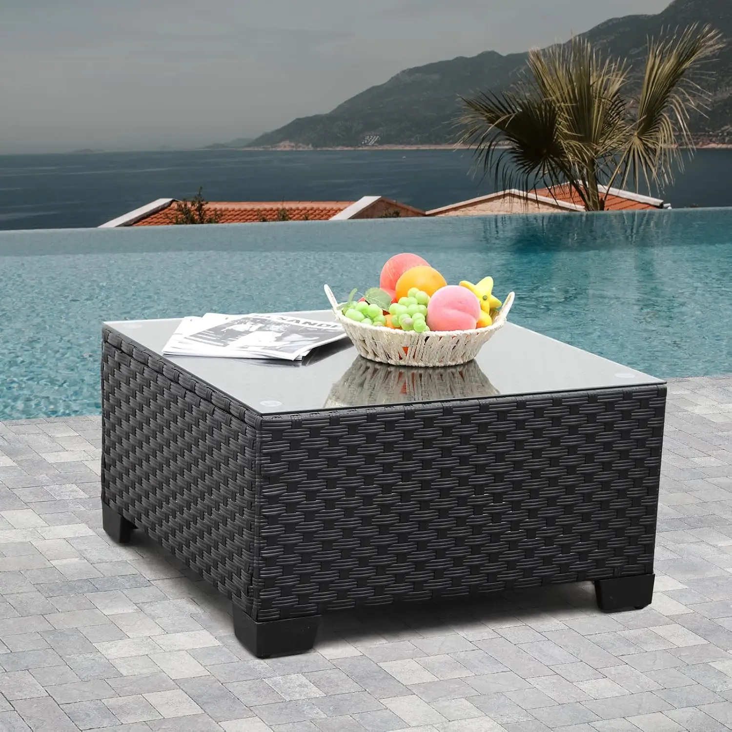 Mesa de centro de mimbre para muebles de Patio, mesa lateral cuadrada para jardín al aire libre con tapa de vidrio templado, color negro