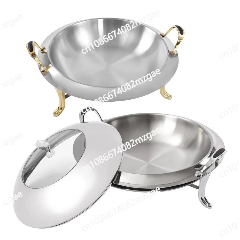 Dish Stainless Steel Cooking Round Buffet Warmer Tray Durable Frame with Lid Fuel Holder Cookware Set