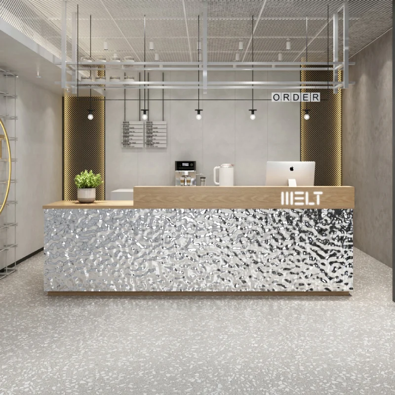 Custom. Shiny Silver Hotel Counter Morden Design Reception Boutique Clothing Sho Cashier Counter Design reception desks