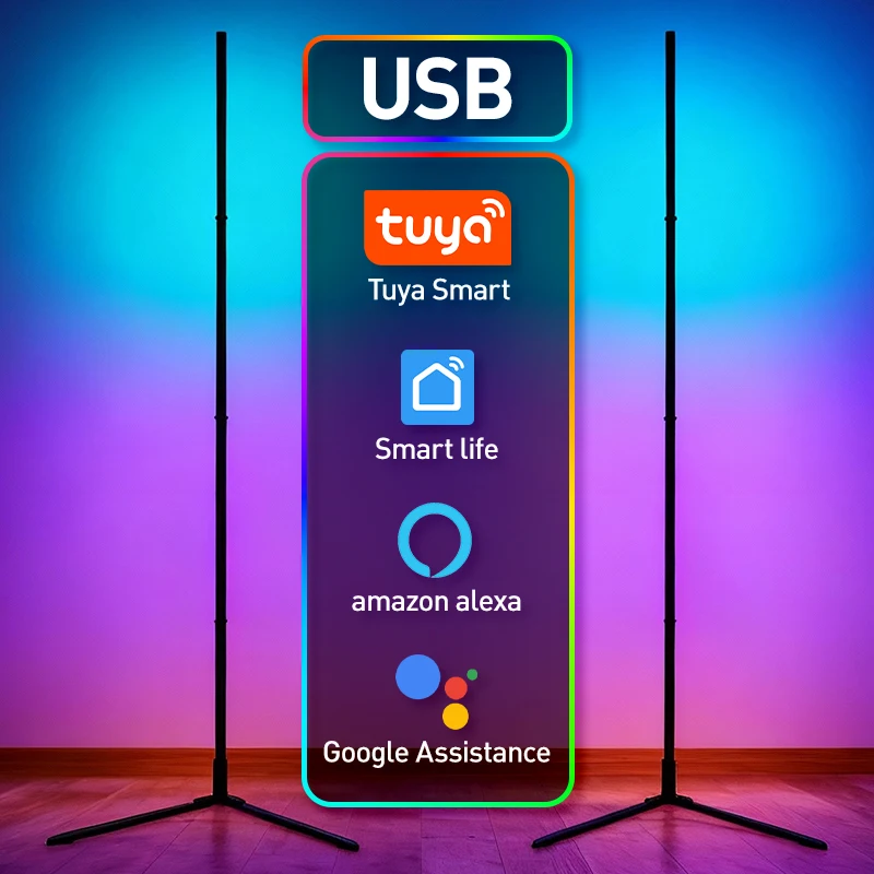 led-usb-rgbic-スマートフロアランプ、tuya-アプリとリモコン、調整可能な色とエフェクト、家庭用雰囲気スタンドライト