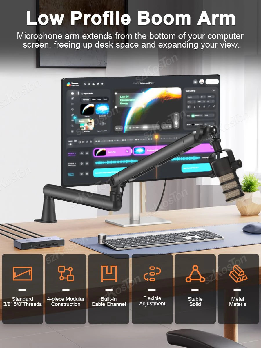 حامل ميكروفون منخفض المستوى مكتب قابل للتعديل بذراع ميكروفون الاستوديو مع عمود رفع قابل للفصل للتسجيل، Tiktok، البث المباشر