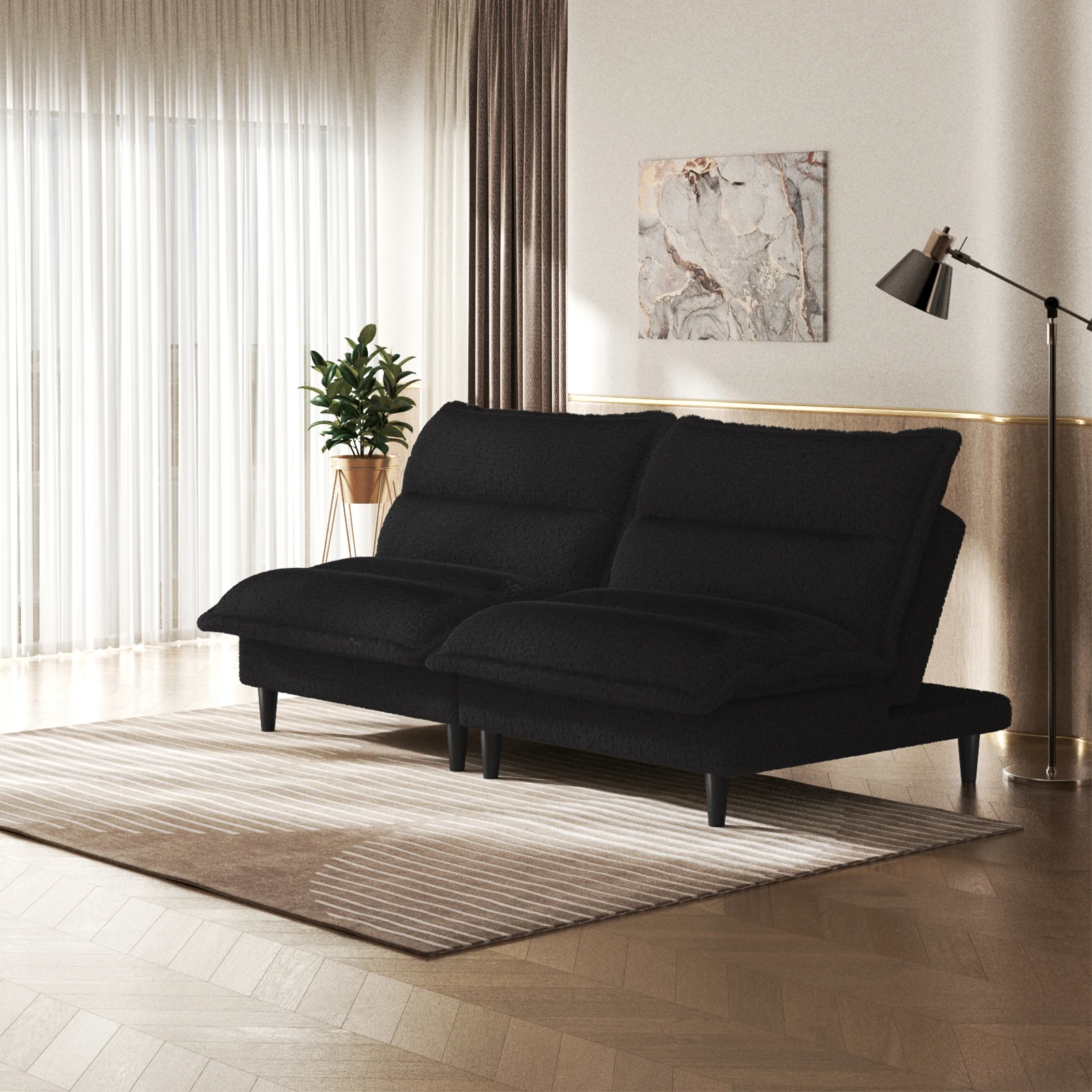 Sofá Cama Convertible Individual/Doble, Tela de Terciopelo, Respaldo Ajustable, Sofá Cama Tres en Uno