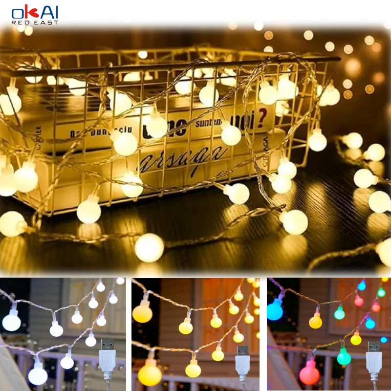 1PC  USB small white ball color light string, 1.5-3-6M/10-20-40LEDsuitable for bedroom, outdoor, courtyard, garden, wedding deco
