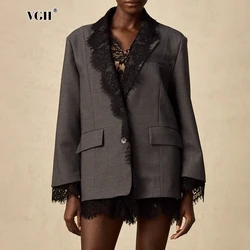 VGH Chic Solid Spliced Lace Edge Blazers for Women Notched Collar Long Sleeve Temperament Designer Coats Female Clothes Style
