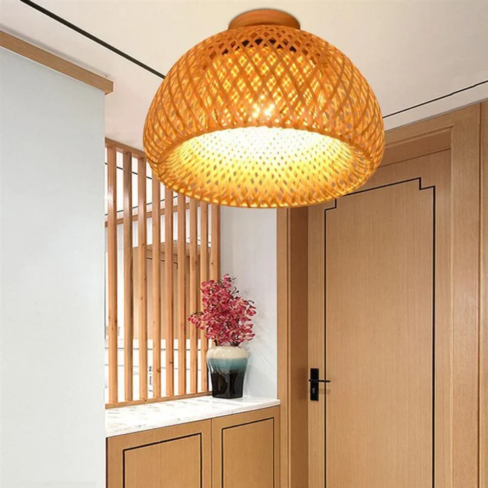 

Classical Handmade Woven Ceiling Lamp Bamboo Vintage Restaurant Chandeliers Wood Base Bulb E27 Lighting Fixture Hotel Bedroom