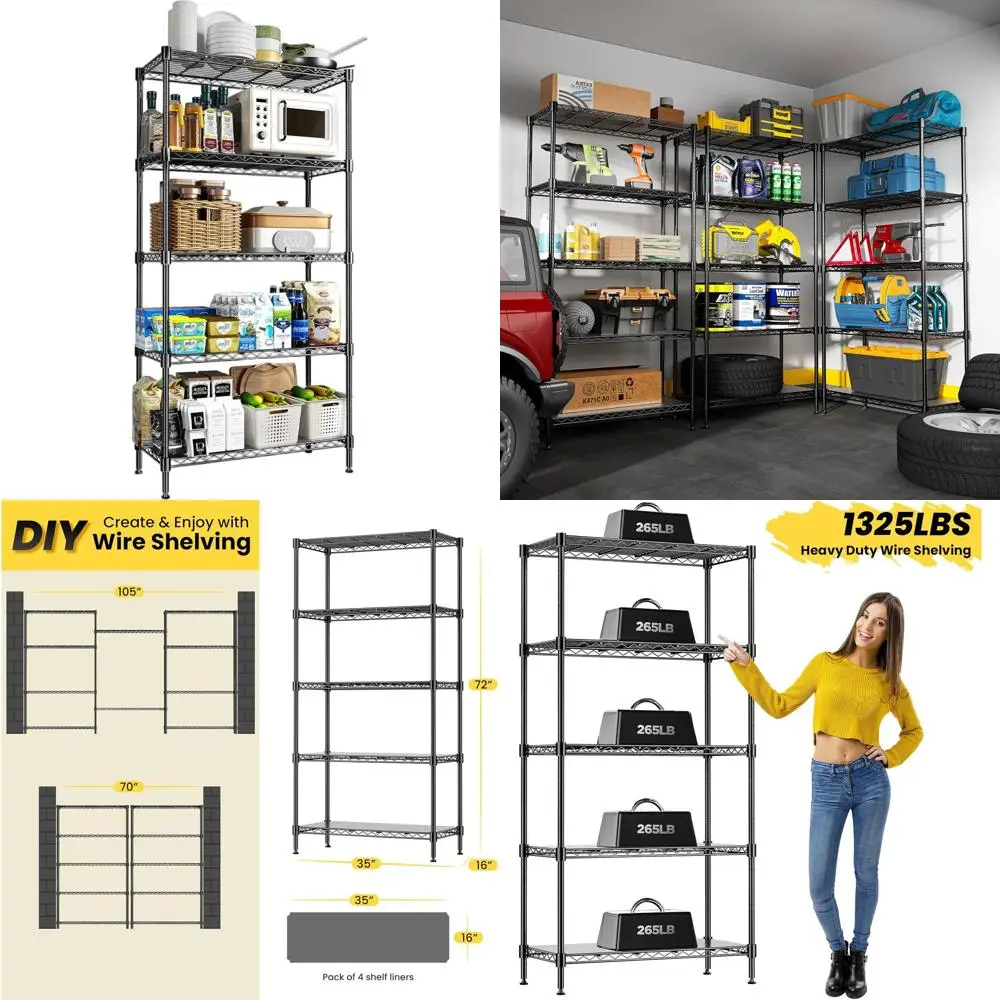 

5-Tier Heavy-Duty Wire Shelving, 1325lbs Capacity, 35W x 16D x 72H, Black, for Garage/Pantry/Kitchen Storage