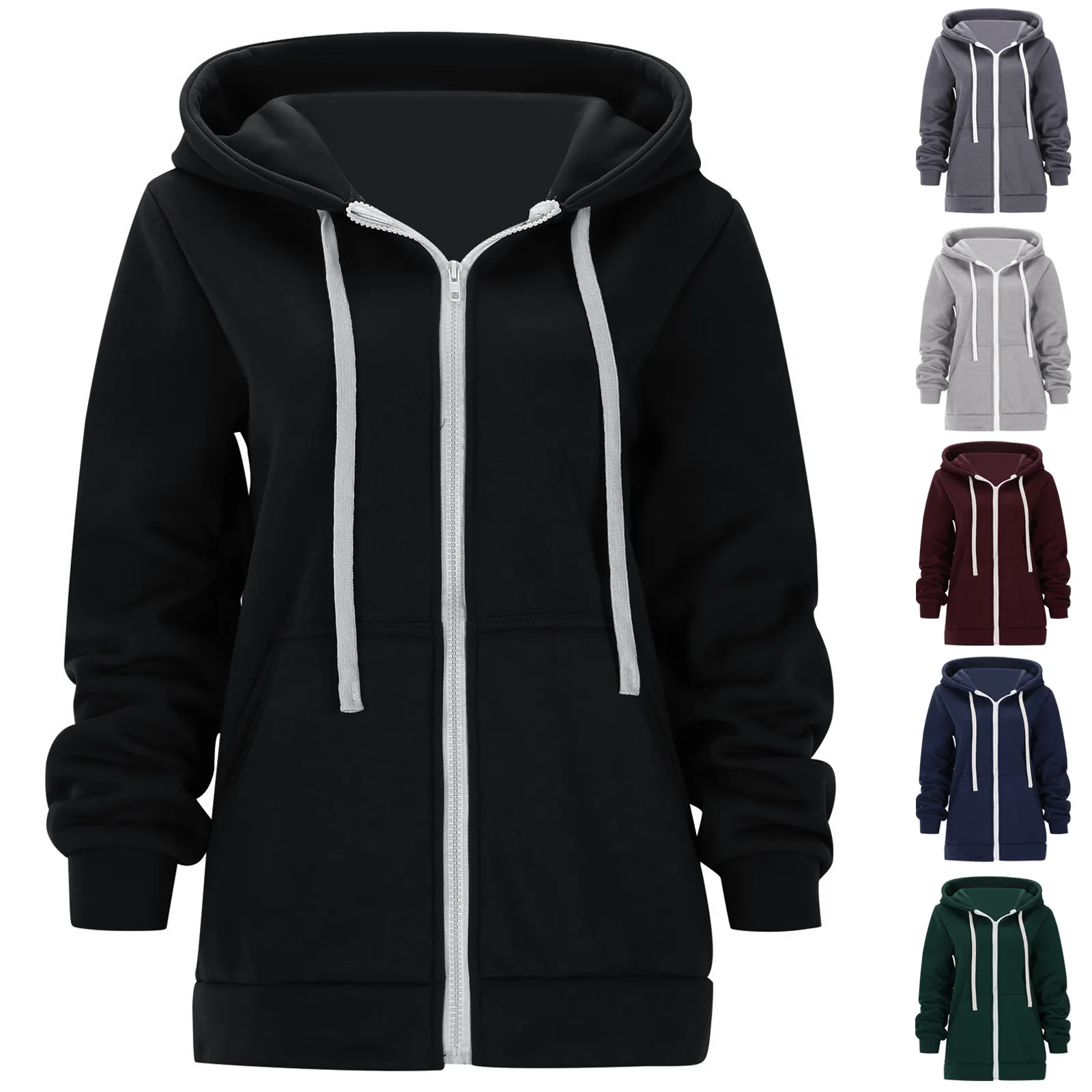 

Autumn New Casual Fleece Zipped Hoodie Coat Women Fashion Drawstring Sporty Hooded Coats Jackets Ladies Simple Sweatshirt