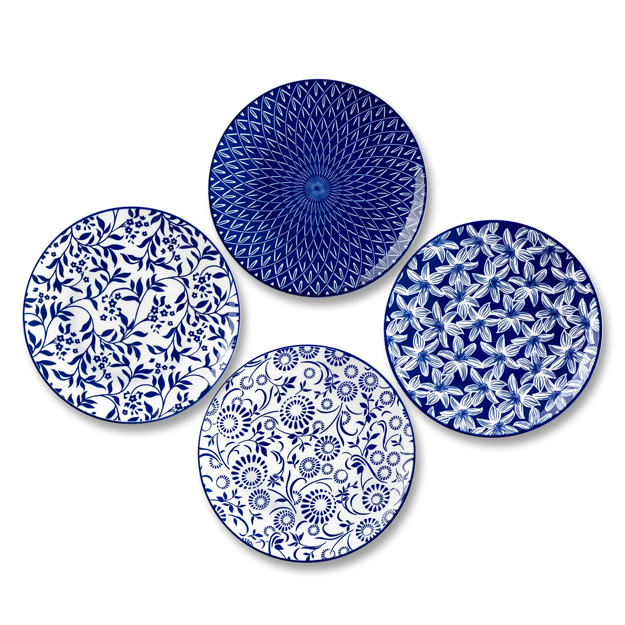 vancasso Selene Dessertteller Porzellan-Dessertteller, Durchmesser 21 cm, Mikrowellen- und spülmaschinenfest, Vintage-Design in Blau/Weiß, 4er-Set