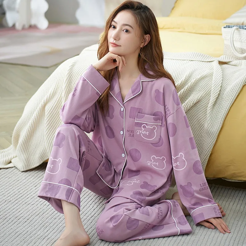 

Girls 100% Double-sided Pure Cotton Pajamas Women Spring Autumn Sleepwear Suit Long Sleeves Home Wear 2024 New Loungewear Set