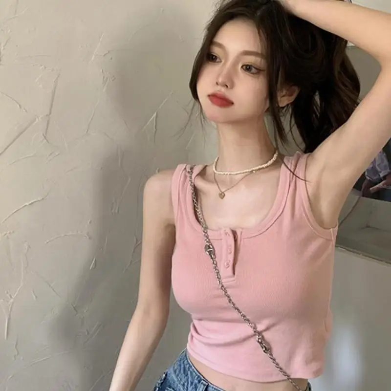 

Pink Halter Vest for Female, Sweet and Spicy Style, Outside to Wear, Short I-word Shirt, Sweet and Spicy, Summer, New, 2024