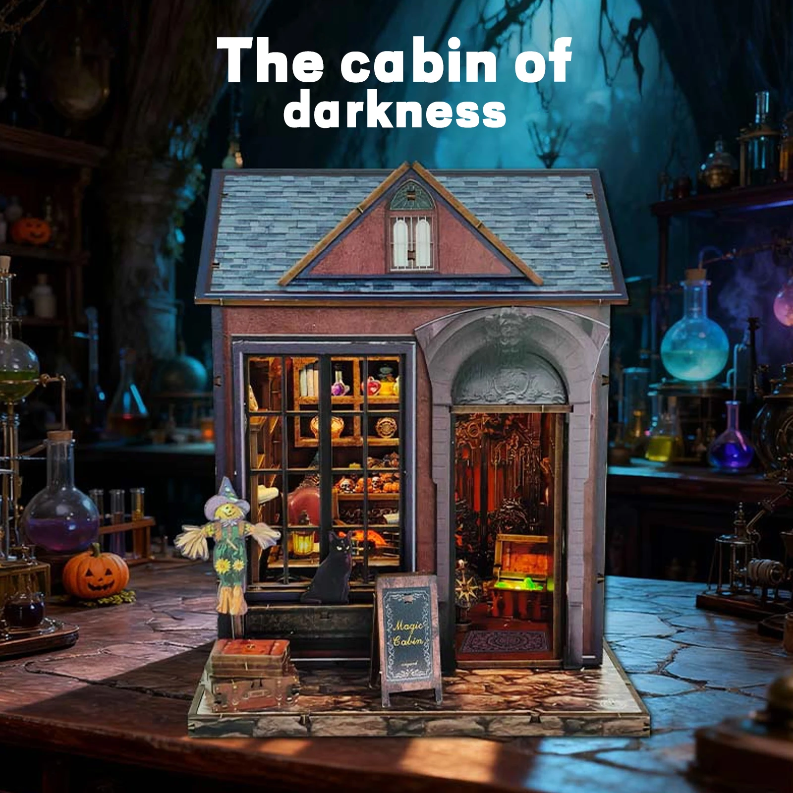 

3d wooden puzzle for adults Dark Cottage book nook with lights model kit dollhouse DIY miniature house Birthday and Christmas gi