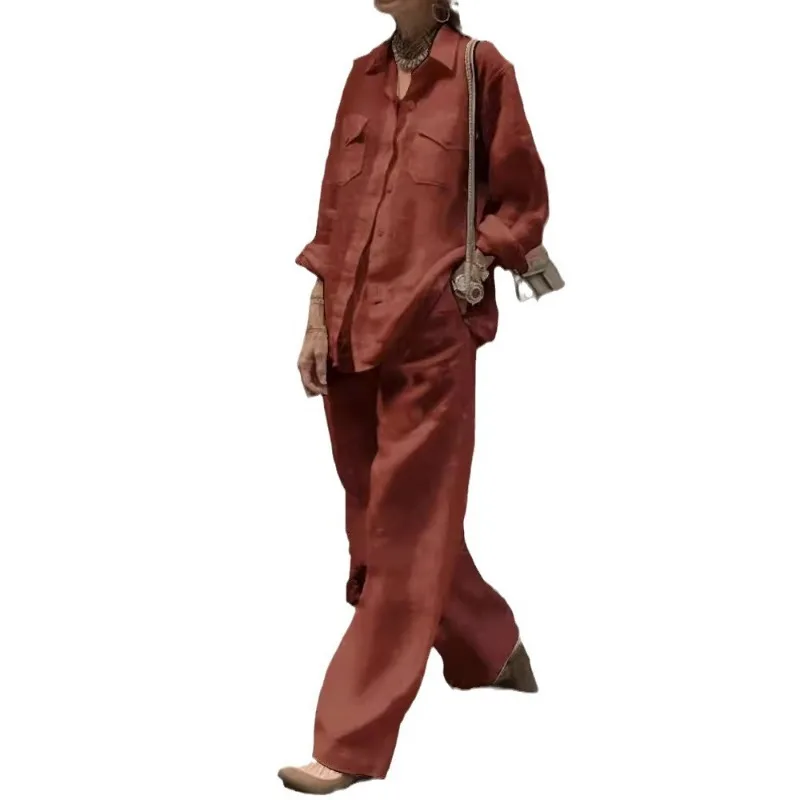 

Women's Linen Blend 2-Piece Set: Long Sleeve Button-Down Shirt Wide Leg Pants