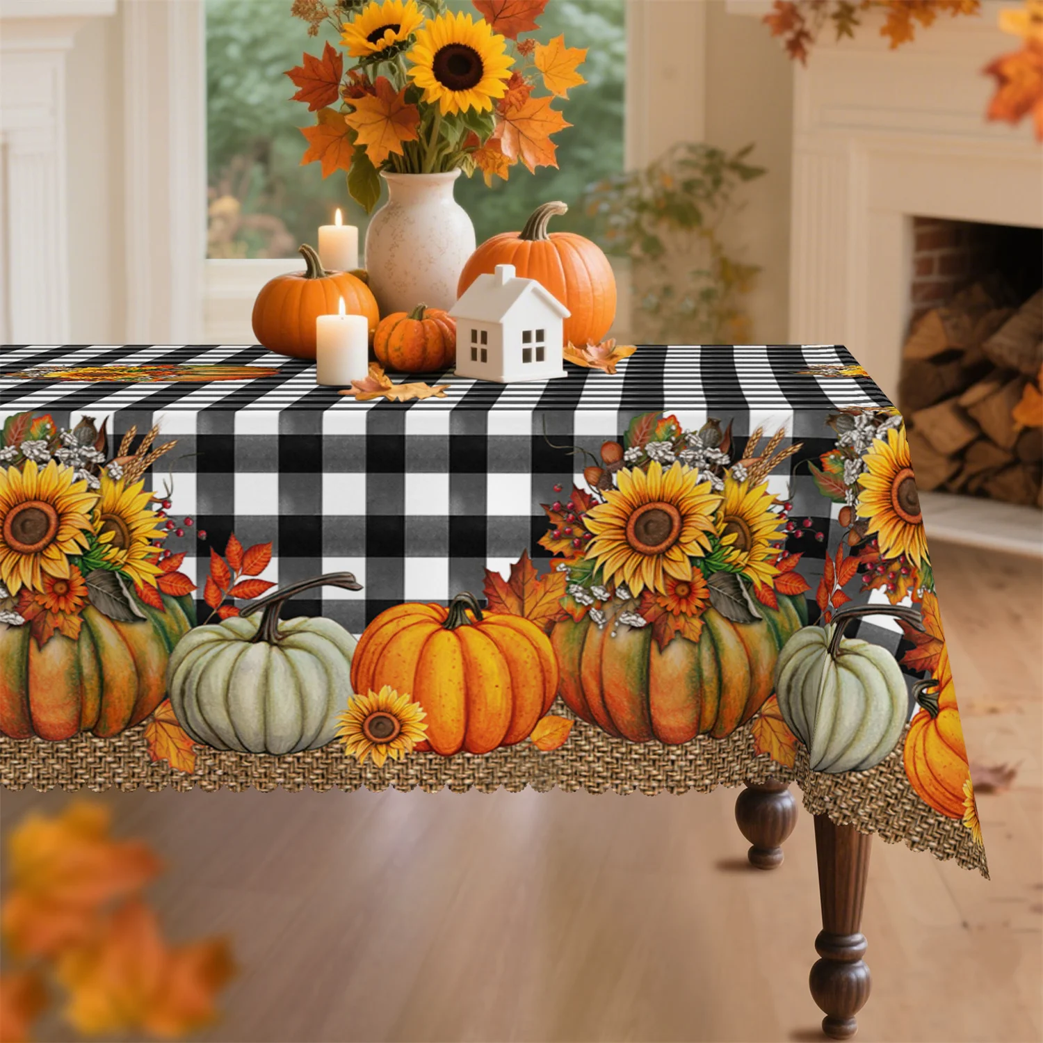 Pumpkin sunflower autumn leaves black and white checkered tablecloth, suitable for rectangular and round tables, washablezyc