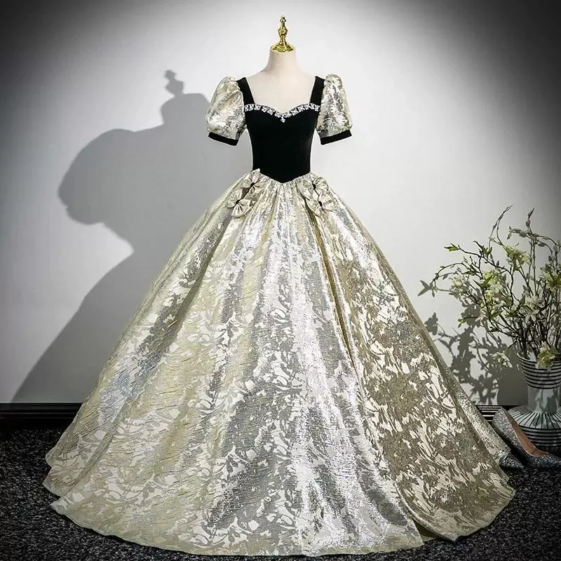 

European and American 2025 New Gold Plated Evening Dress Art Exam, Voice Solo Performance, A-line Skirt Style, Puffy Skirt Dress