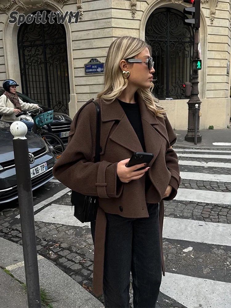 2024 Fashion Women\'s Long Sleeve Double-breasted Coat Casual Lapel Neck Short Wool Blend Jacket Ladies Stylish Street Outerwear
