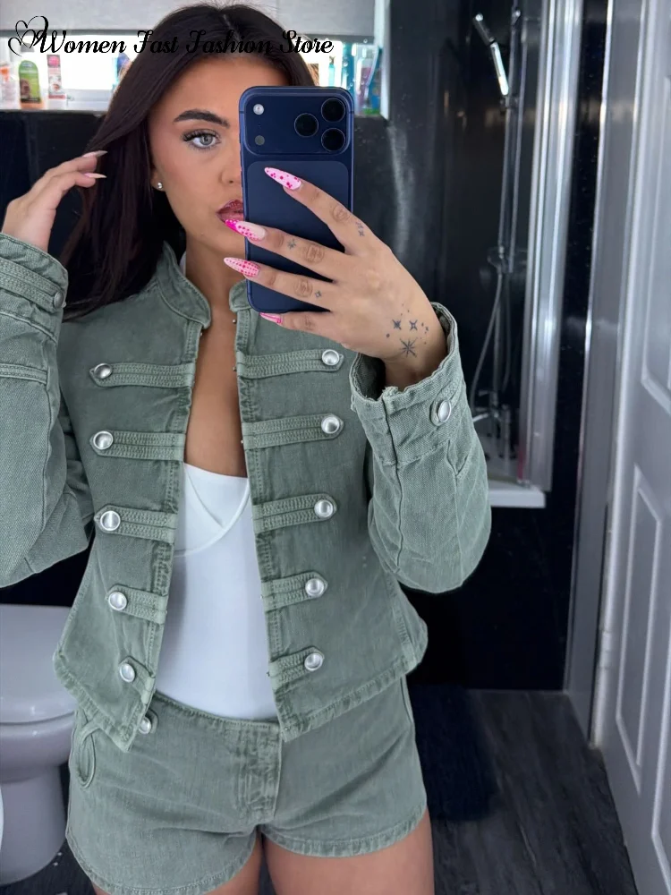 Vintage Single-breasted Coat Shorts Set 2026 Spring New Ladies Slim Stand Collar Denim Jackets Short Pants Women's Sexy Outfits