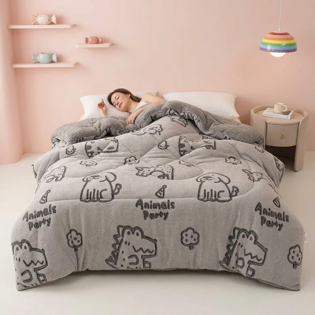 Thickened Snowflake Fleece Blanket  Lamb Fleece Cover  Floral Quilted Comforter for Hotel and Home Bedrooms.
