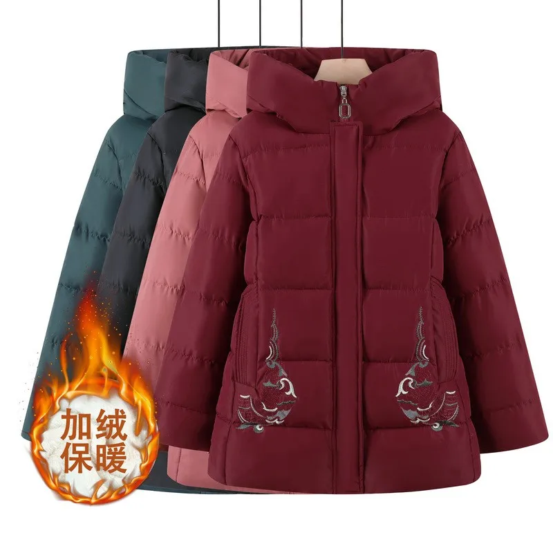 Down Cotton Clothes Jacket Embroidery and plush Solid Color Large Size Loose Winter Coat Hooded Femme