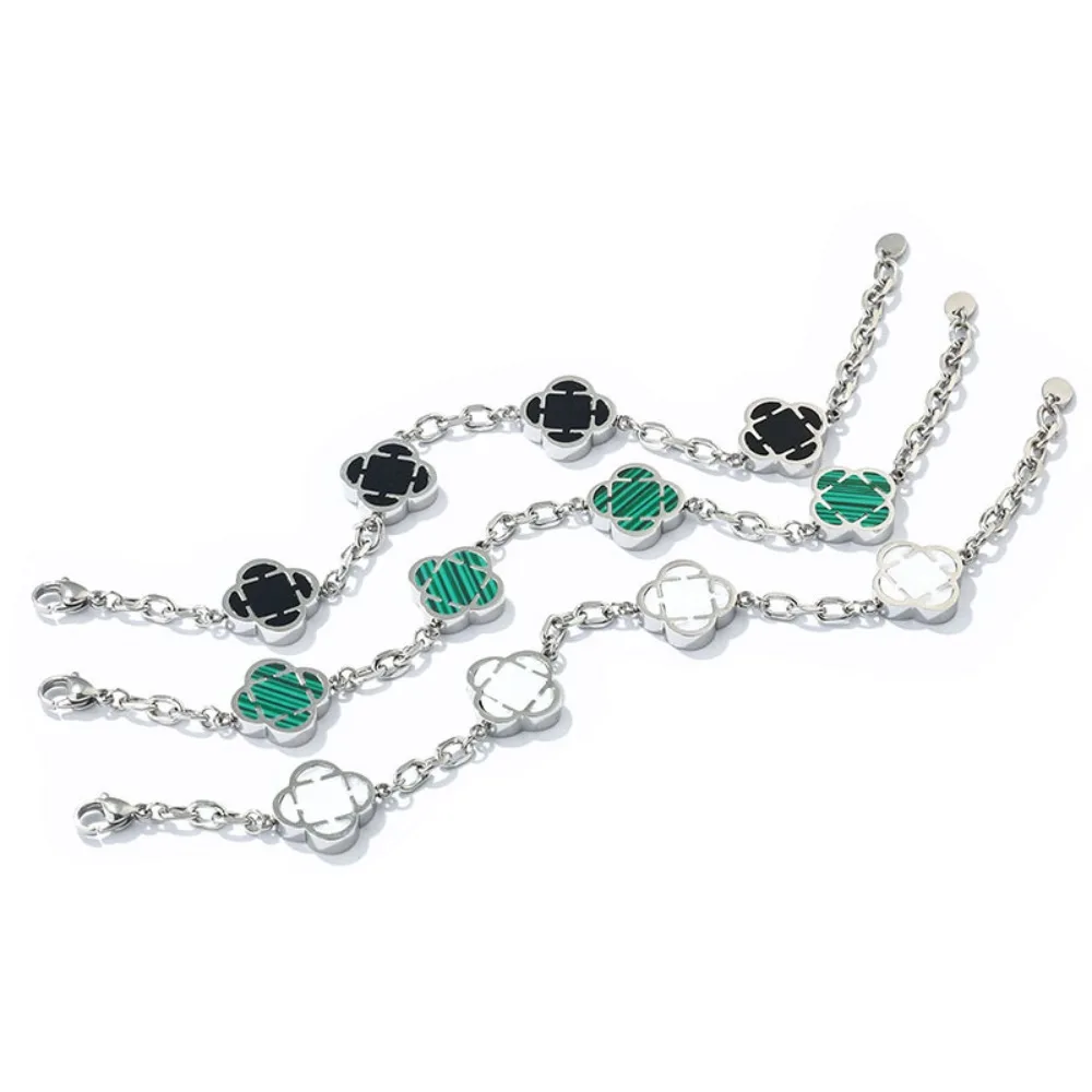 Stainless Steel Four Leaf Clover Bracelet, Multi-color Malachite/Black/White Clover Link Chain Bracelet for Women