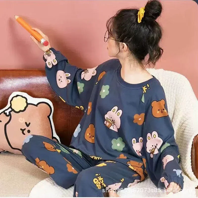 Long-Sleeved Pyjamas Female Fall and Winter Cute Students Sleepwear Loungewear Two-Piece Suit Homewear Flowers Cartoon Nightwear