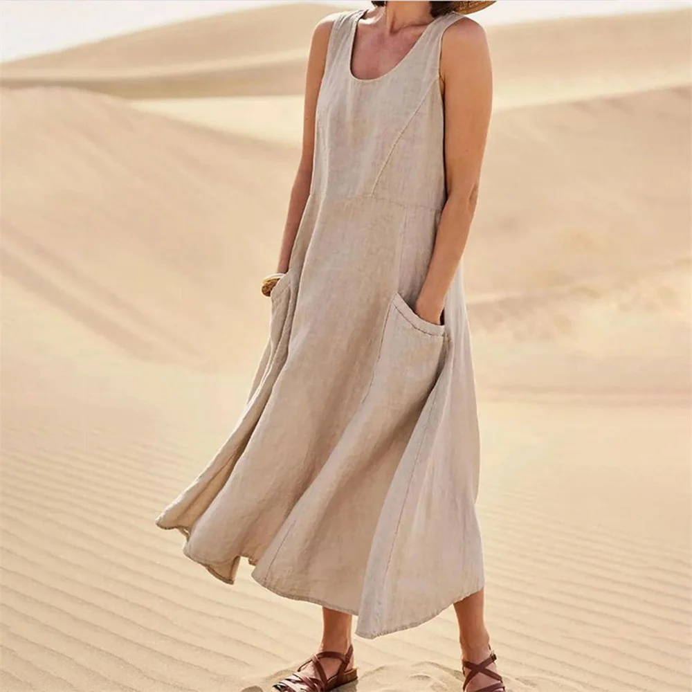 Women's Tank Swing Dress Beach Cover Up Loose Dress Women's Linen Sleeveless Shift Dress With Pockets