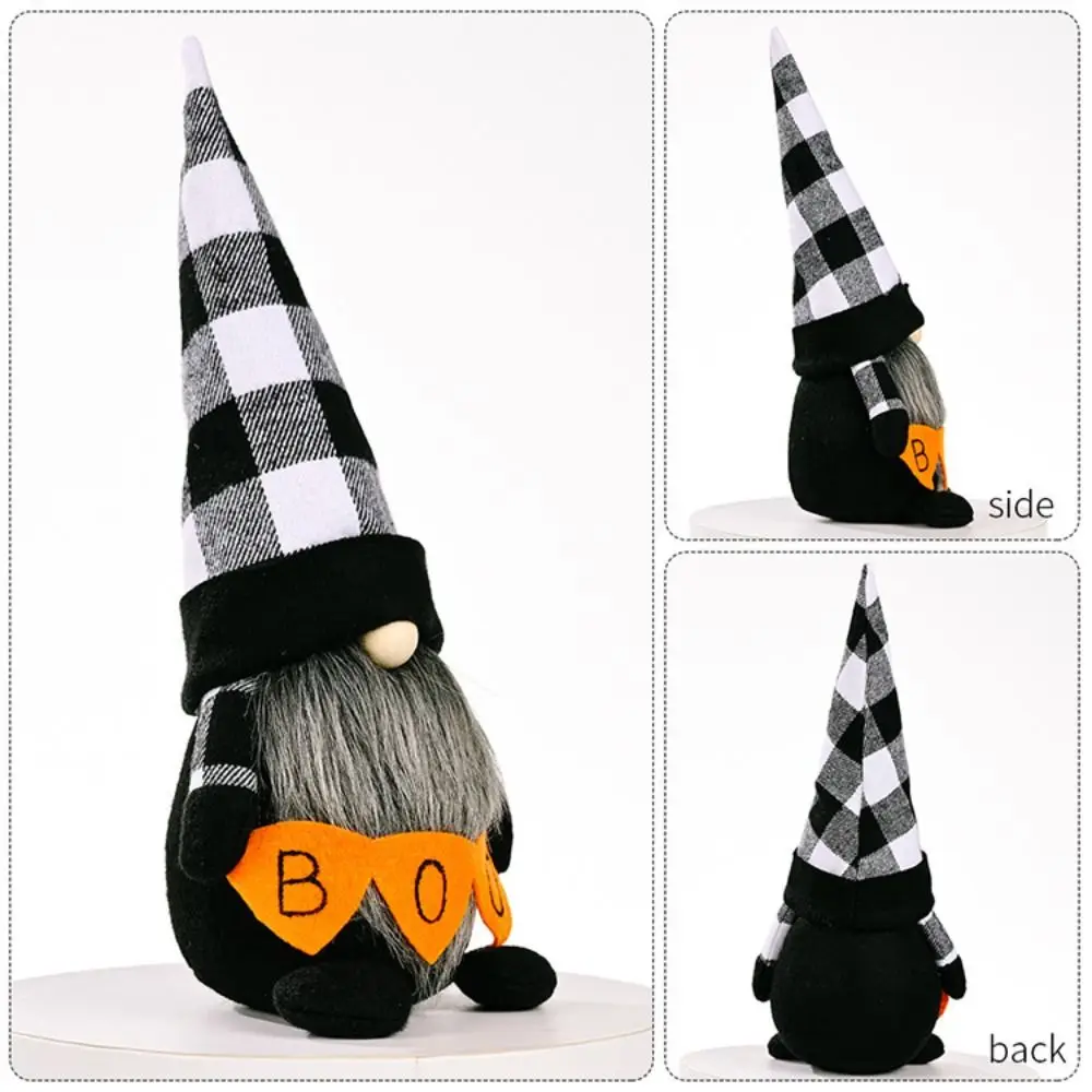 Poupées nains elfes à longue barbe pour Halloween, chauve-souris, chapeau orange Boo, poupées naines en pain d'épice, décorations de gnomes d'Halloween faites à la main à carreaux