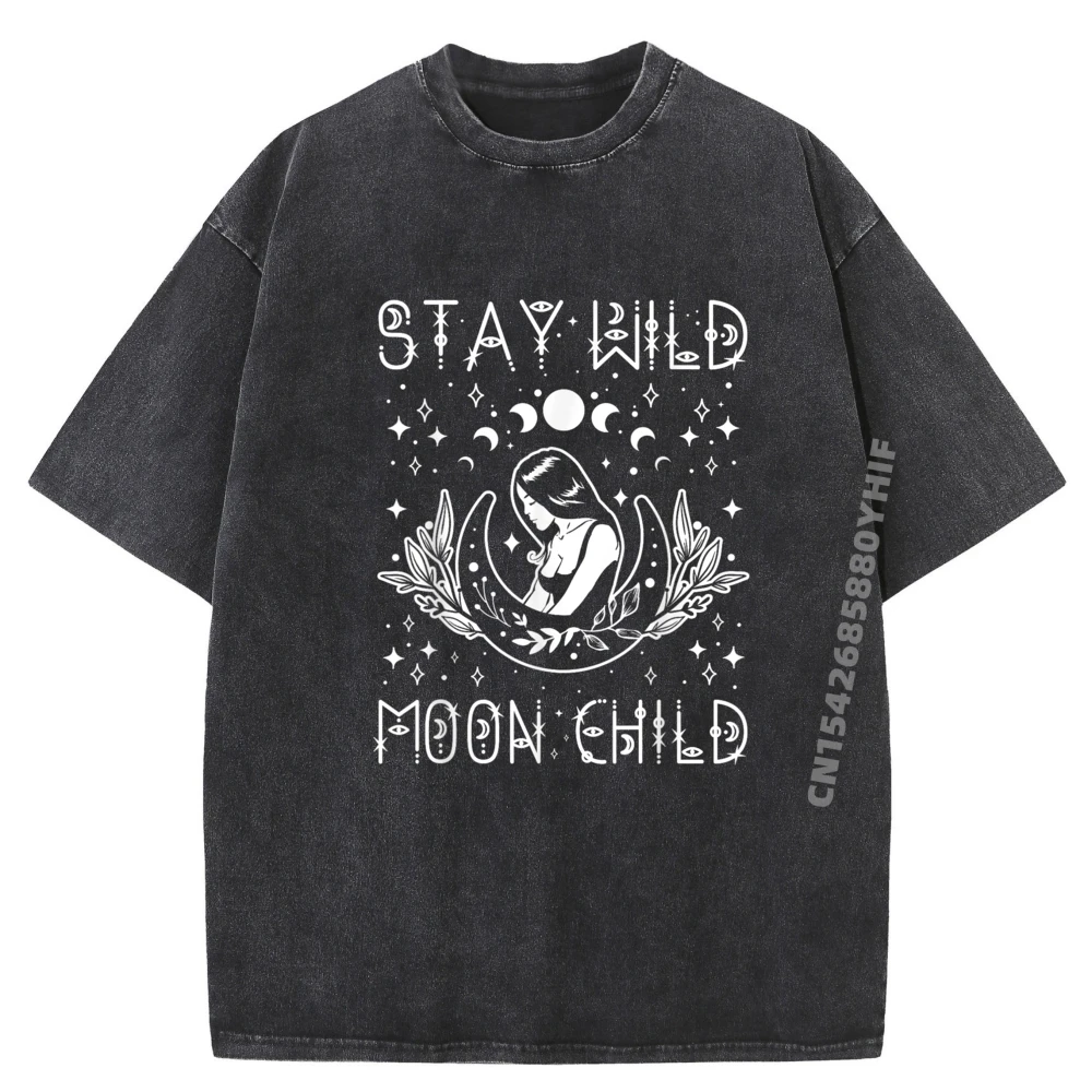 

Stay Wild Moon Child Небесная Викканская Ведьма Boho Vibes Мужские футболки Футболки с рисунком Крутая модная стираная одежда