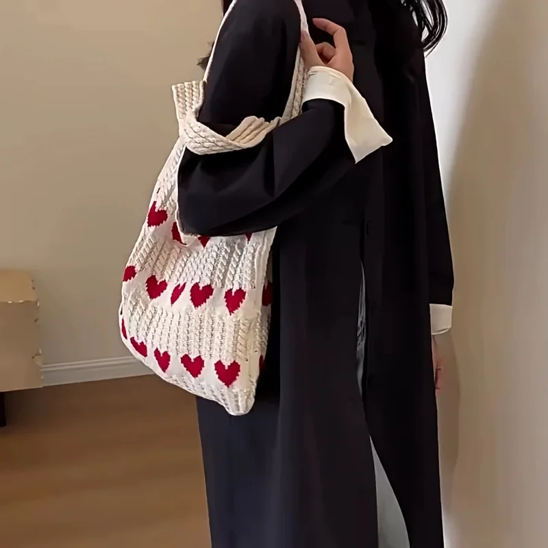 1 Stück Neue Liebesmuster-Stricktasche mit Großer Kapazität, Modische Damen-Schulterhandtasche für Tägliche Einkäufe und Aufbewahrung – Detail 9
