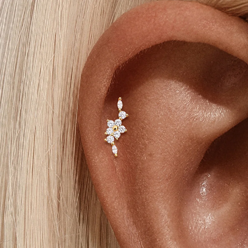 AIDE 925 Sterling Silver Five-petal Flower Horse Eyes CA Zircon For Women Cartilage Helix Flat Back Piercing Earring Party Gifts