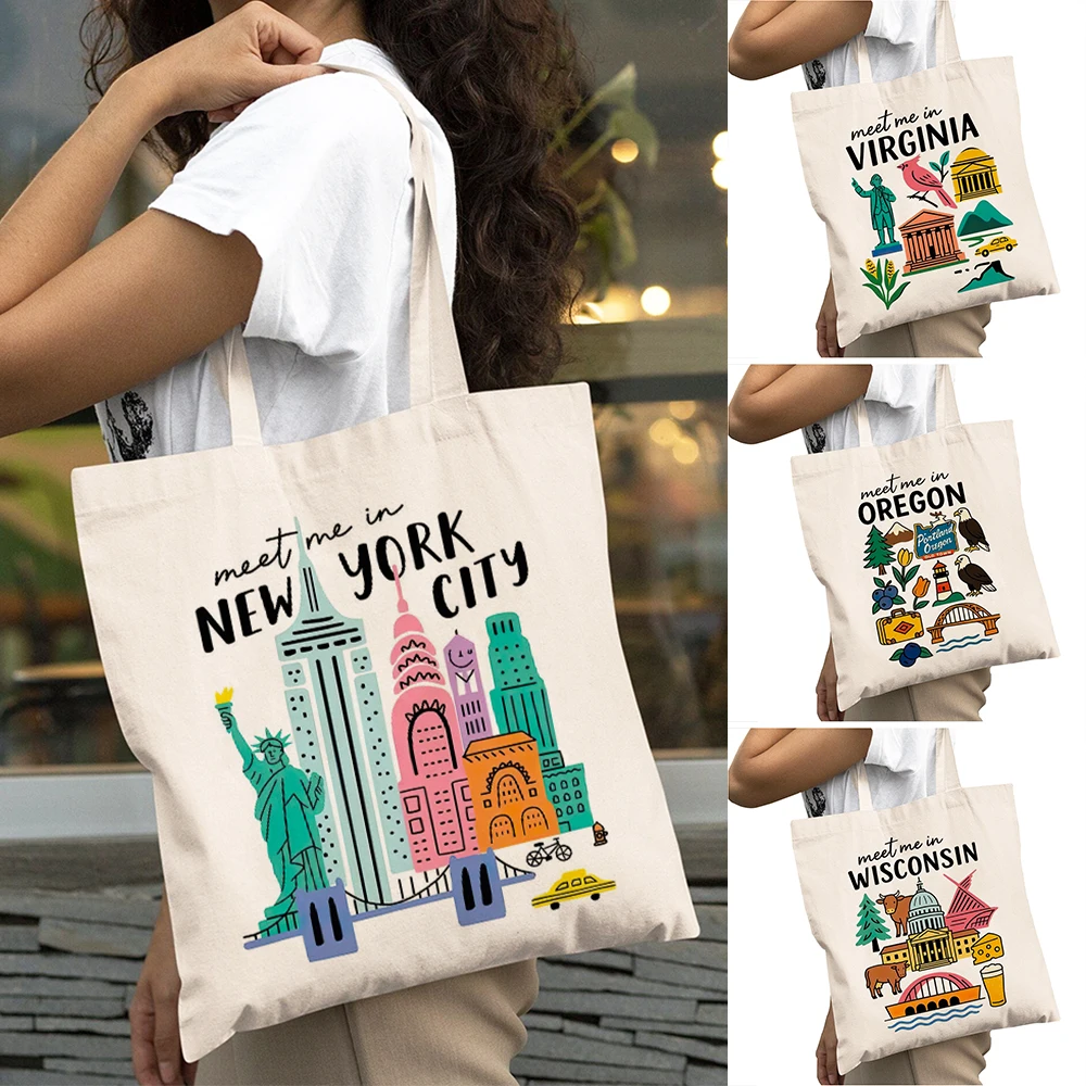 

New York City Icons Lady Shopper Bags Virginia Symbols Women Daily use Shoulder Handbag Oregon Motifs Girl Shopping Bag 40x45cm