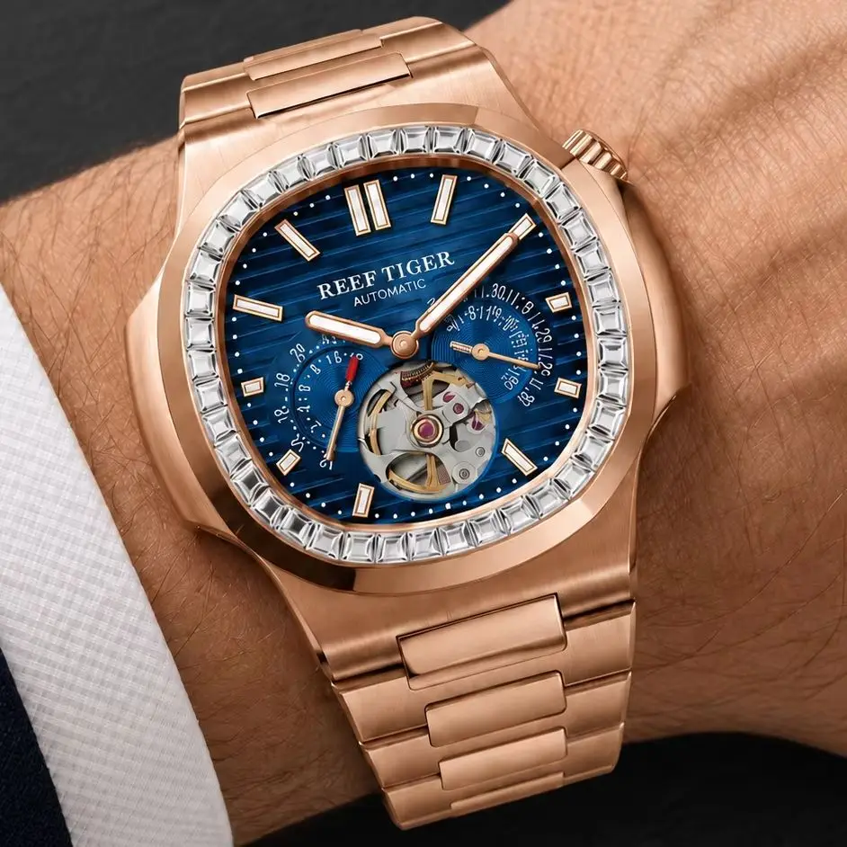 Reef Tiger New Men's 44mm Square Automatic Mechanical Watch: Luminous, Sapphire Crystal, 24-Hour Sub-dial, 5ATM Water Resistance