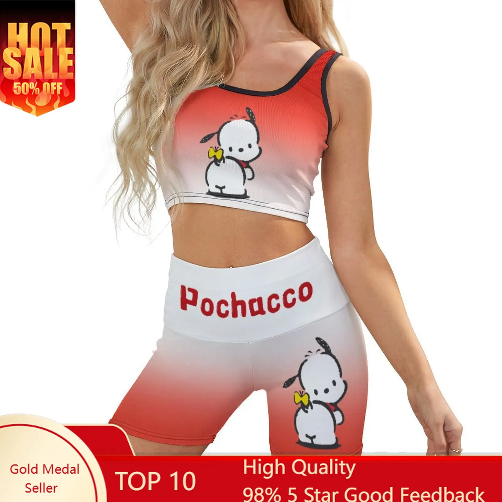 Pochacco Yoga Set Woman Sanrio Cartoon Yoga Wear Cute Sports Bra Leggings Set Flattering Vest and Shorts
