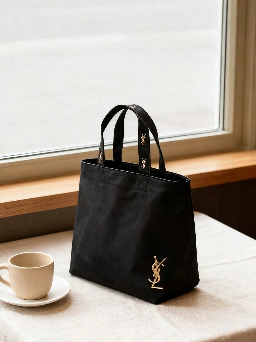 YSL Black Embroidery Logo Canvas Tote Bag Large Capacity Waterproof Makeup Organizer Zipper Women Travel Gift Bag