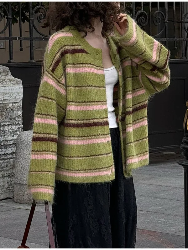 MsChuh Women's Knit Printed Sweaters Stand Collar Long Sleeve Fashion Vintage Style Cardigan 2026 Autumn New Lady Casual Tops