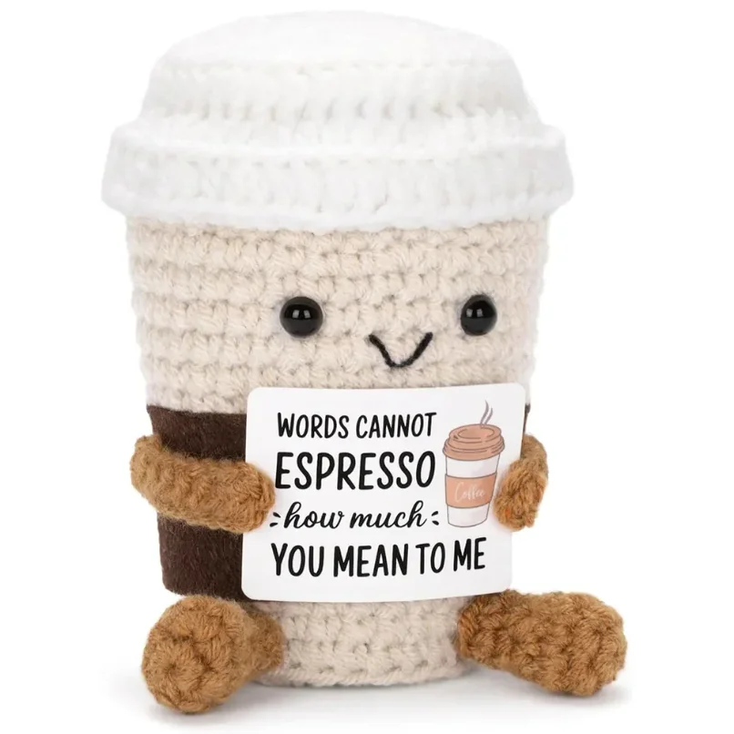 

Funny Crochet Emotional Support Coffee Doll With Card Desktop Ornament Handmade Knitted Coffee Dolls Christmas Gifts Home Decor