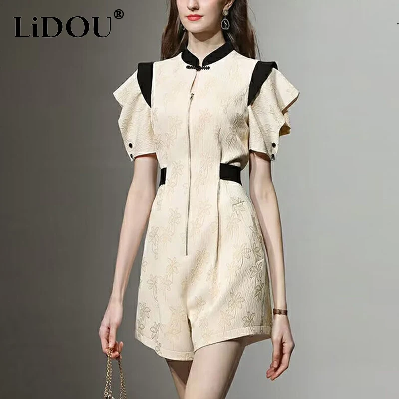 

summer new stand collar elegant fashion ruffles patchwork playsuit female chinese style short sleeve patchwork jumpsuit women